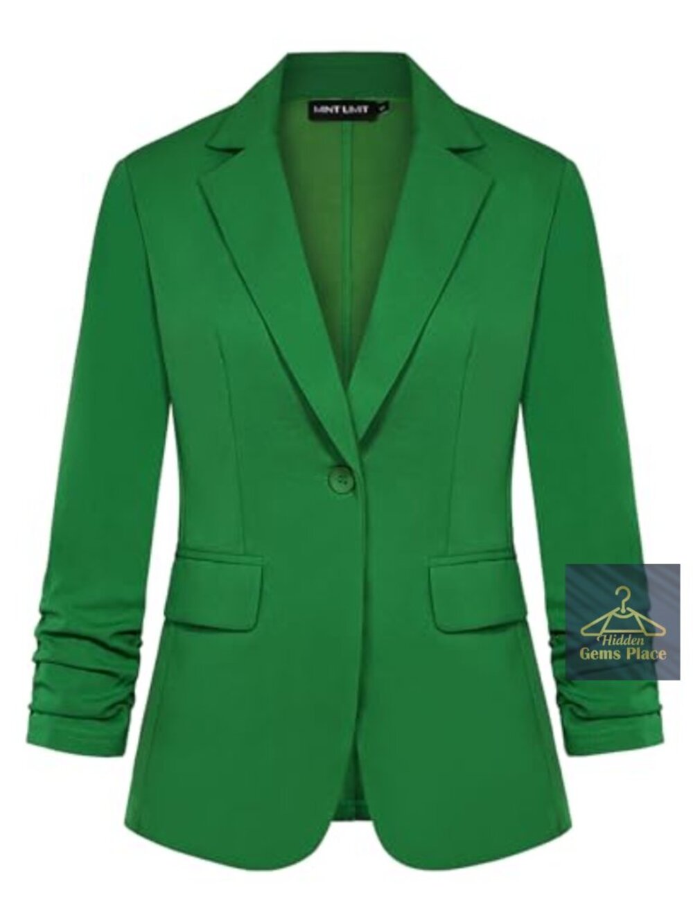 Womens 3/4 Ruched Sleeve Blazer One Button Notch Lapel Jacket Pockets